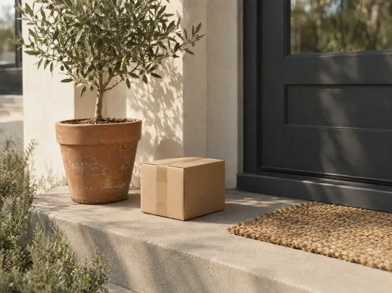 A plain unmarked box on a doorstep