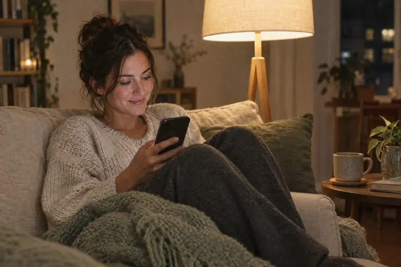 A woman at home reading a message on her phone