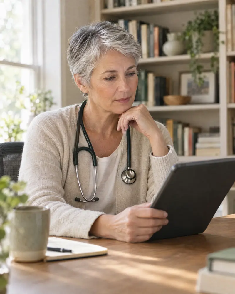 A physician reviewing notes on a tablet