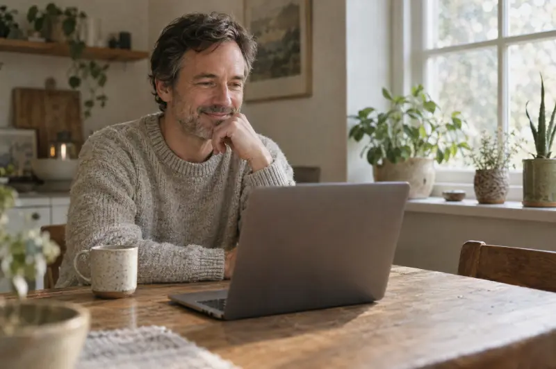 Man at his kitchen table on a relaxed video call